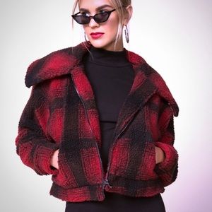 RED PLAID CROPPED SUPERDOWN FLEECE JACKET
